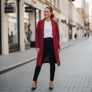 GeeGee Women’s Red Midi Coat, Open Front, Faux Suede, Lapel, 3X, Loose fit, NWT